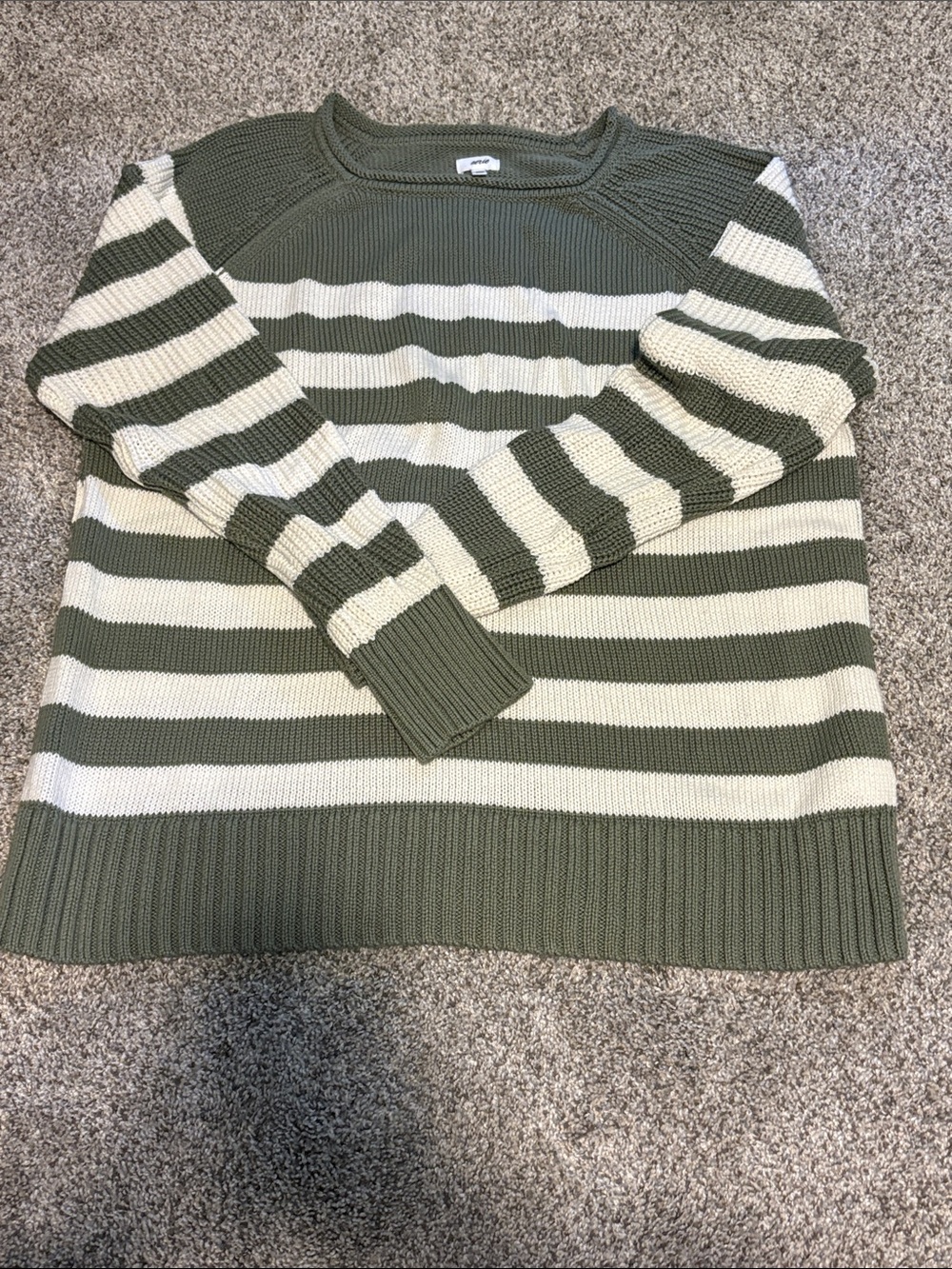 aerie Olive & Cream Striped Crewneck Sweater